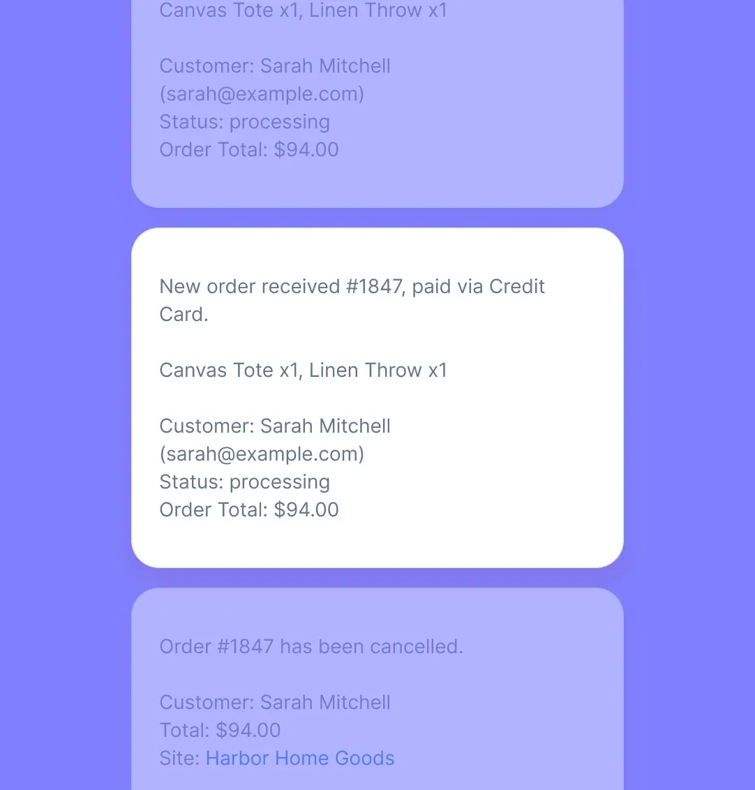 A stream of admin alert messages for new orders, cancellations and refunds