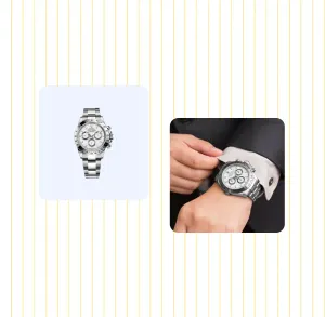 A watch photographed against white and the same watch worn on a wrist