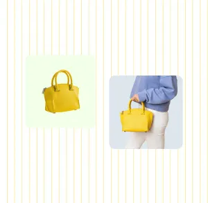 A handbag shown on its own and carried by a model