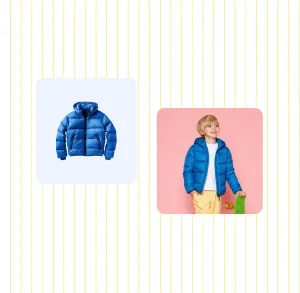 A puffer jacket shown flat and worn by a model