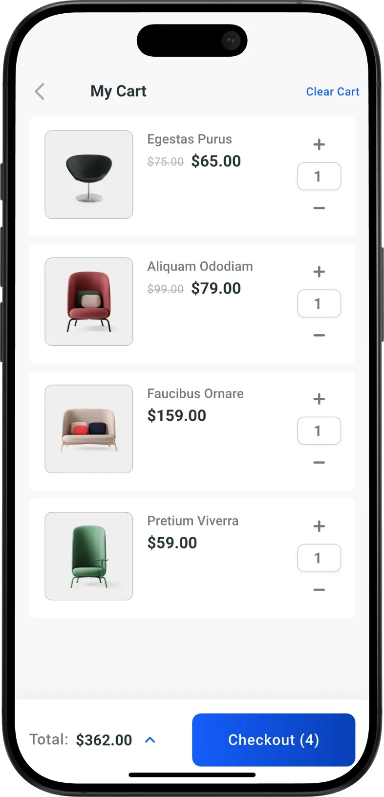 The cart, listing four products with their prices