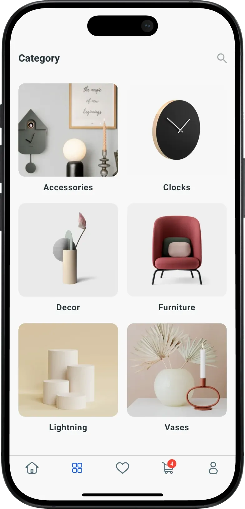 The category grid, showing accessories, clocks, decor and furniture