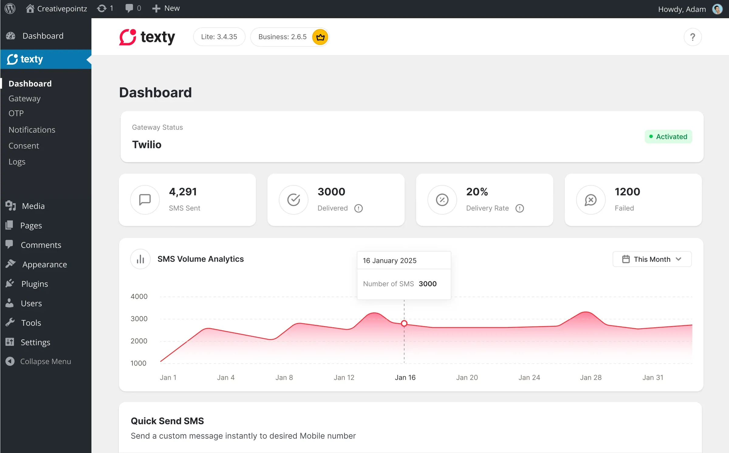 The Texty dashboard in WordPress admin, showing gateway status, SMS volume analytics and delivery stats
