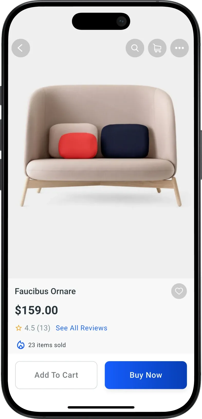 A product page showing a sofa at $159.00