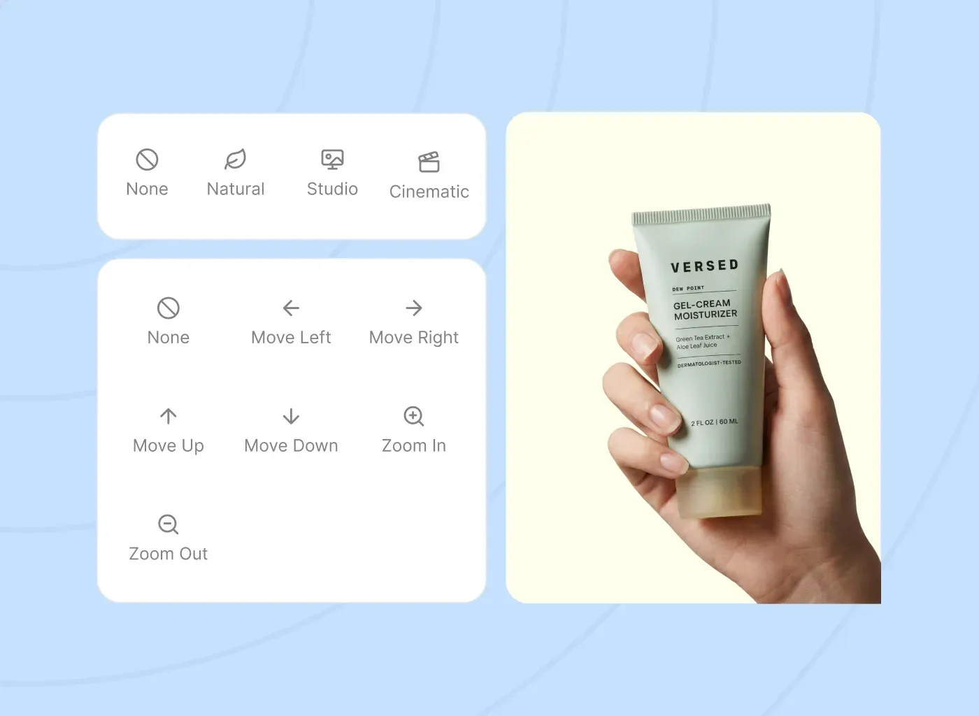 Scene and framing controls beside a moisturiser held in a hand