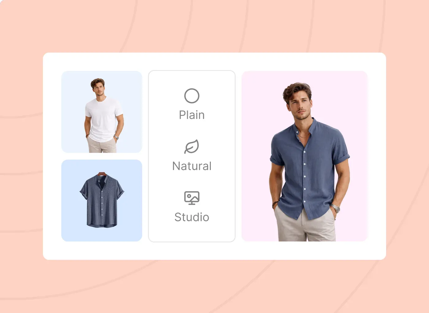 A product photo beside plain, natural and studio presets, and the generated result