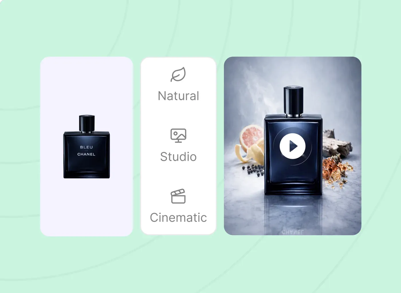 A perfume bottle beside natural, studio and cinematic presets, and the generated video