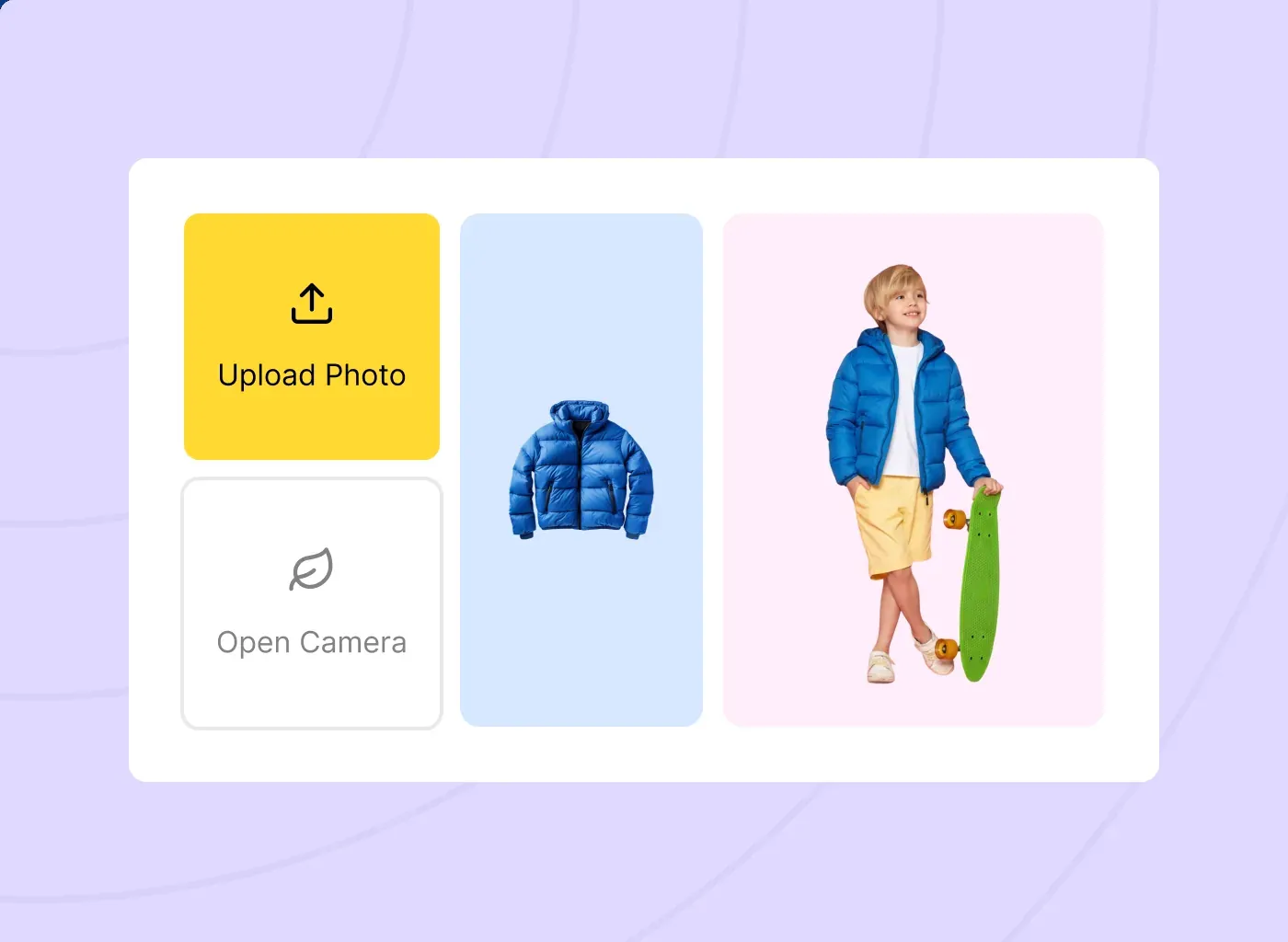 Upload photo and open camera controls beside a jacket and a model wearing it