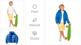 A model shown in plain, natural and studio try-on results