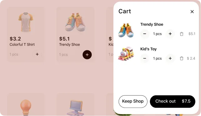 A slide-out cart beside a product grid