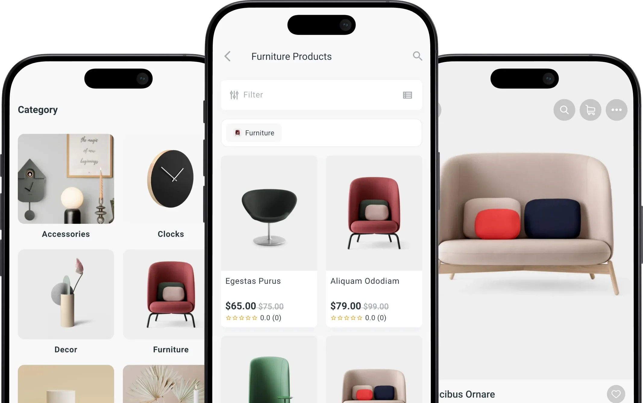 The PocketStore app showing a category list, a filtered product grid and a product page