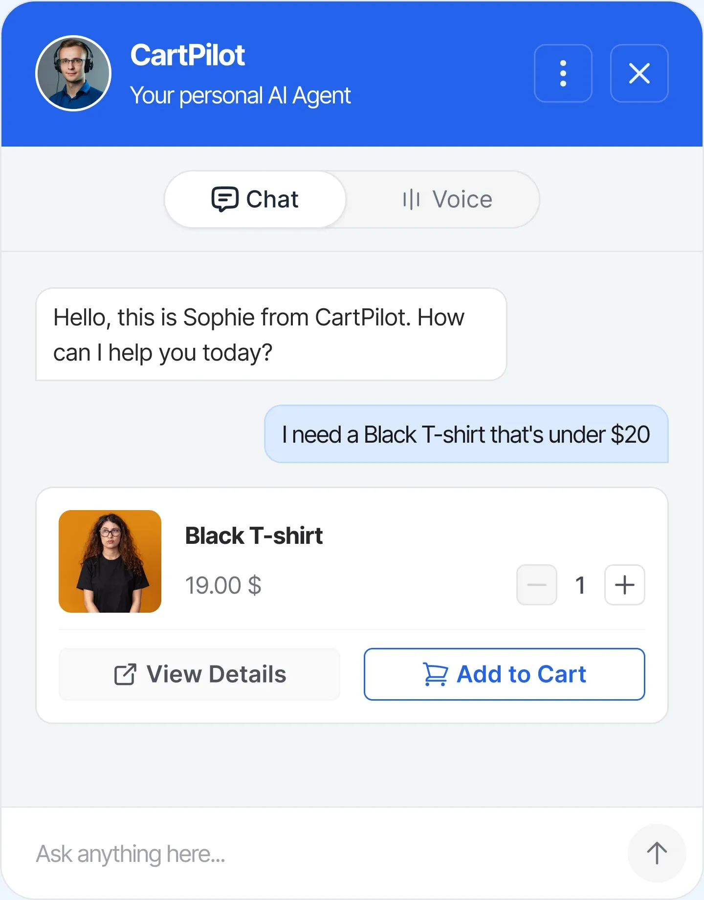 The CartPilot chat widget finding a black T-shirt under $20 and adding it to the cart