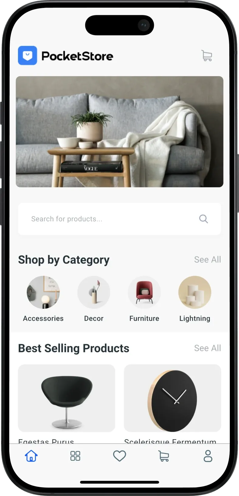 The PocketStore home screen with search and shop-by-category shelves
