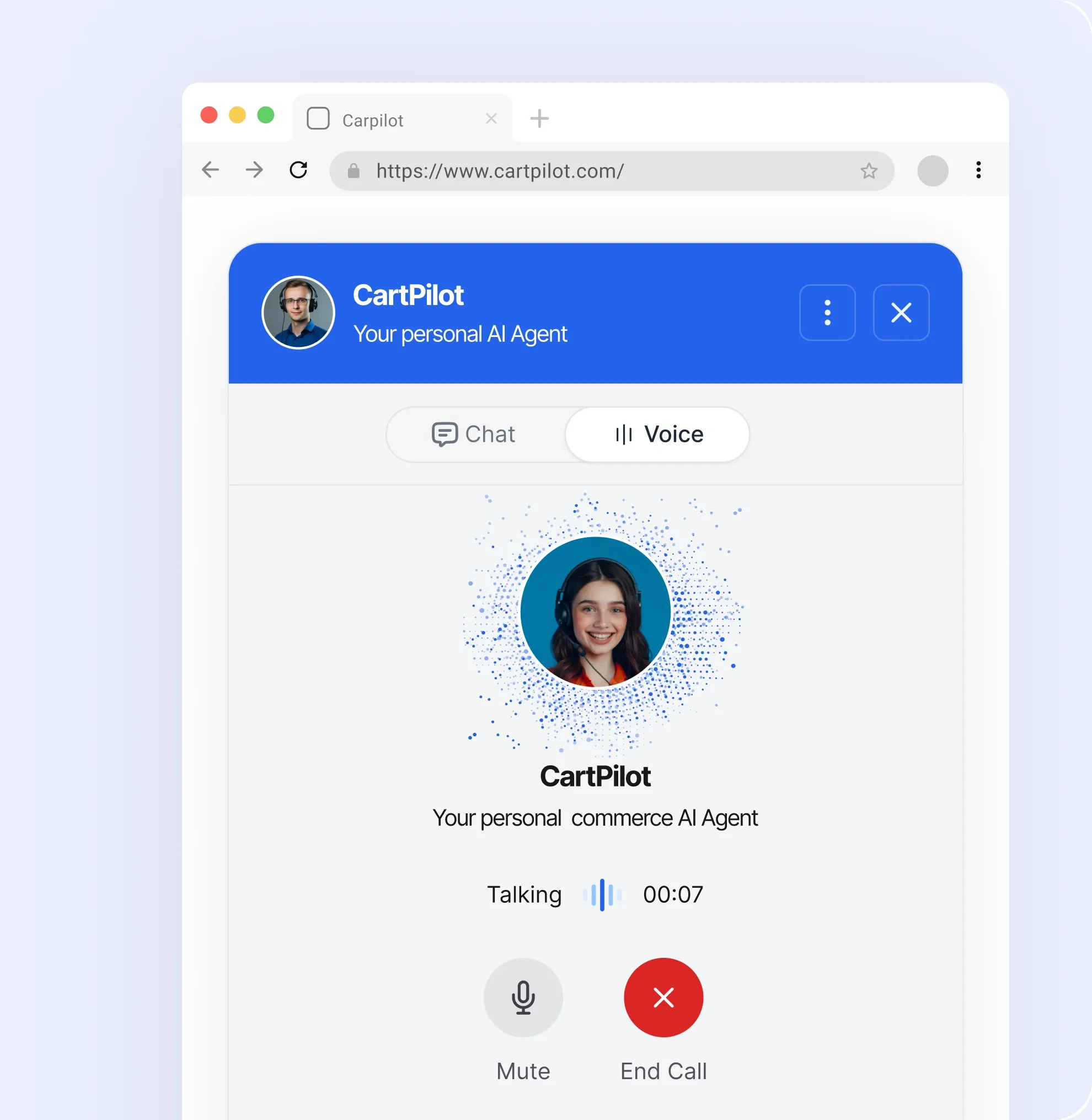 The CartPilot widget mid voice call with a shopper