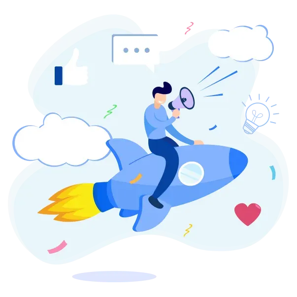 A marketer riding a rocket with a megaphone