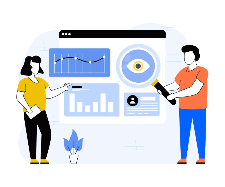 Two people reading store analytics on a dashboard