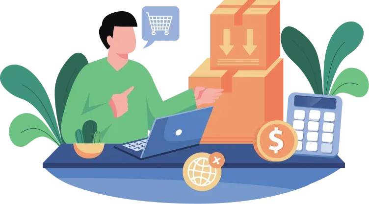 A store owner at a laptop beside parcels and coins