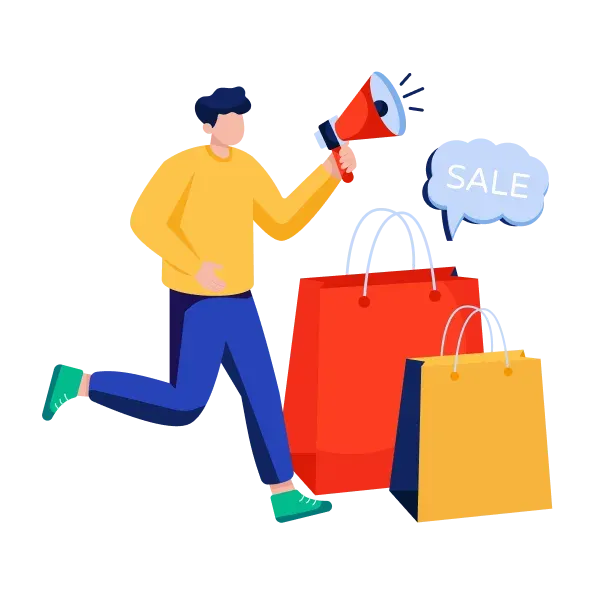 A shopper running with bags while announcing a sale through a megaphone