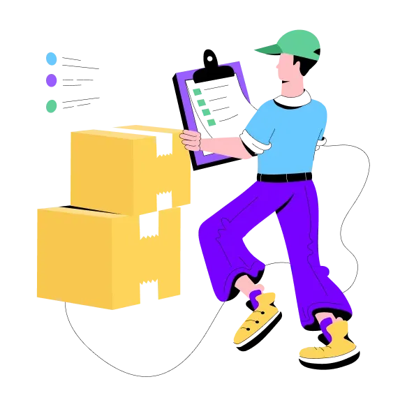 A courier checking a list beside stacked parcels