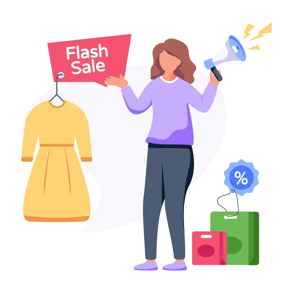 A shopper announcing a flash sale through a megaphone