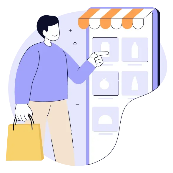 A shopper pointing at a storefront full of products