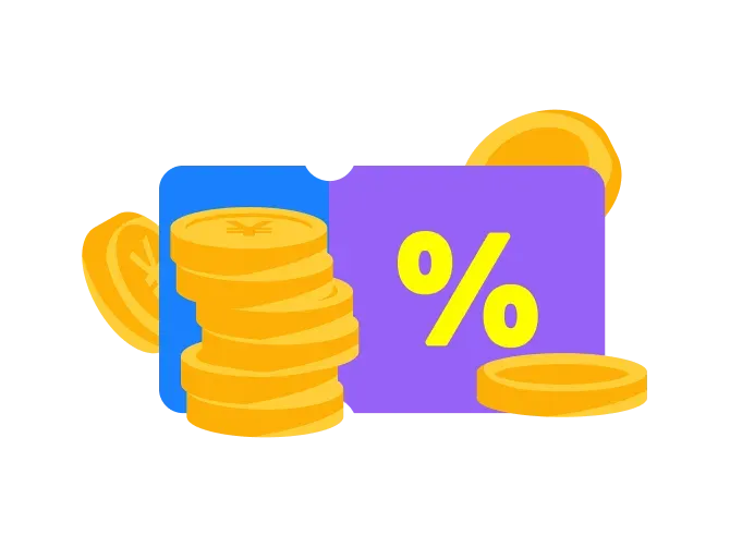 A stack of coins beside a card marked with a percent sign