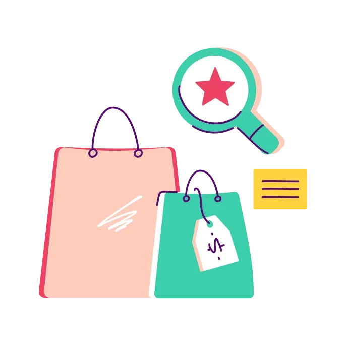 A magnifier and a star over shopping bags with a price tag