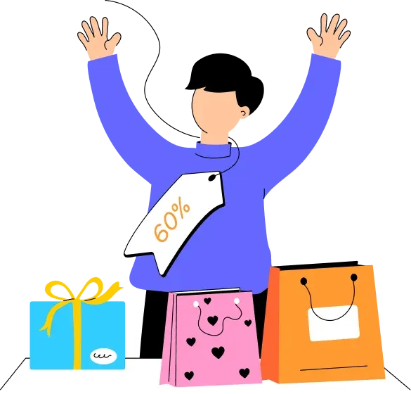 A shopper cheering beside gift bags and a 60% off tag