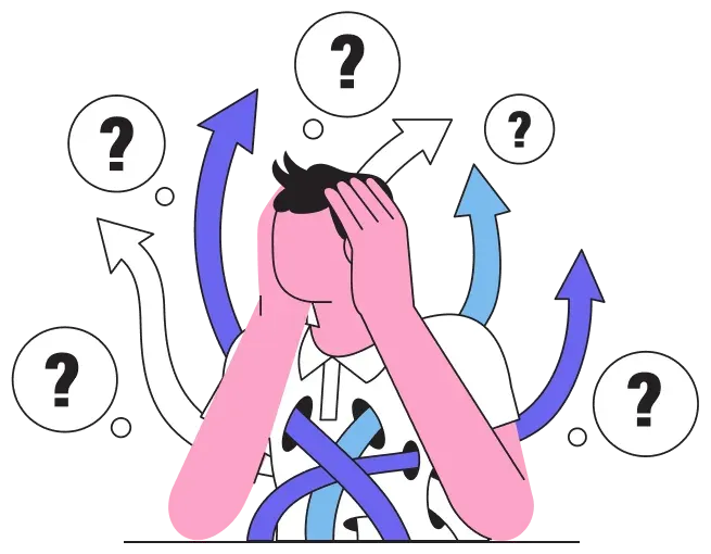 A shopkeeper holding their head amid a tangle of question marks