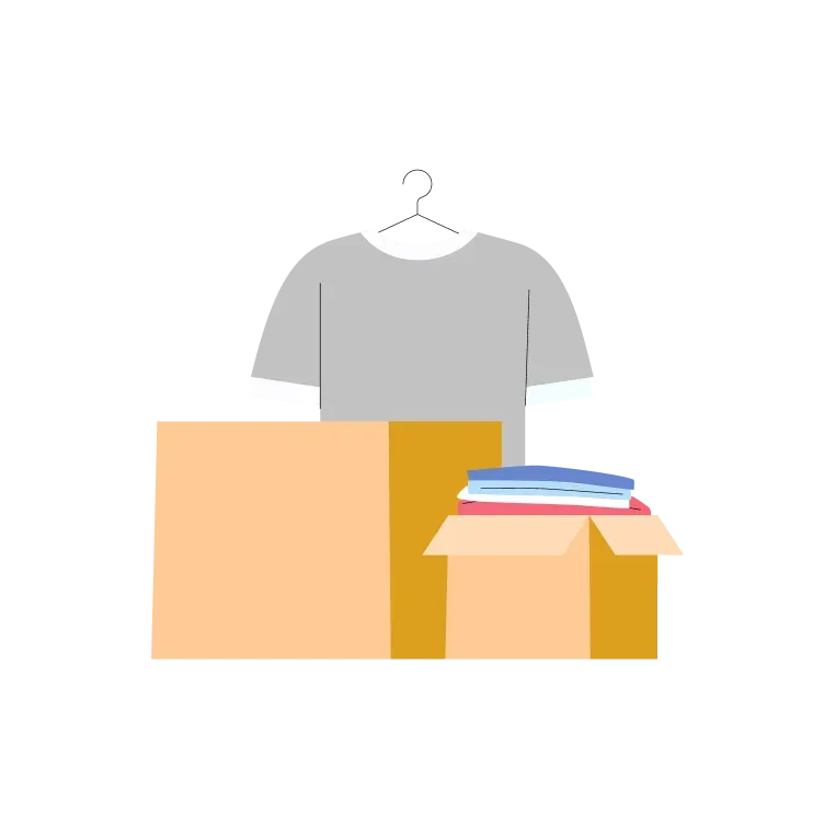 A shirt on a hanger above a box of folded stock
