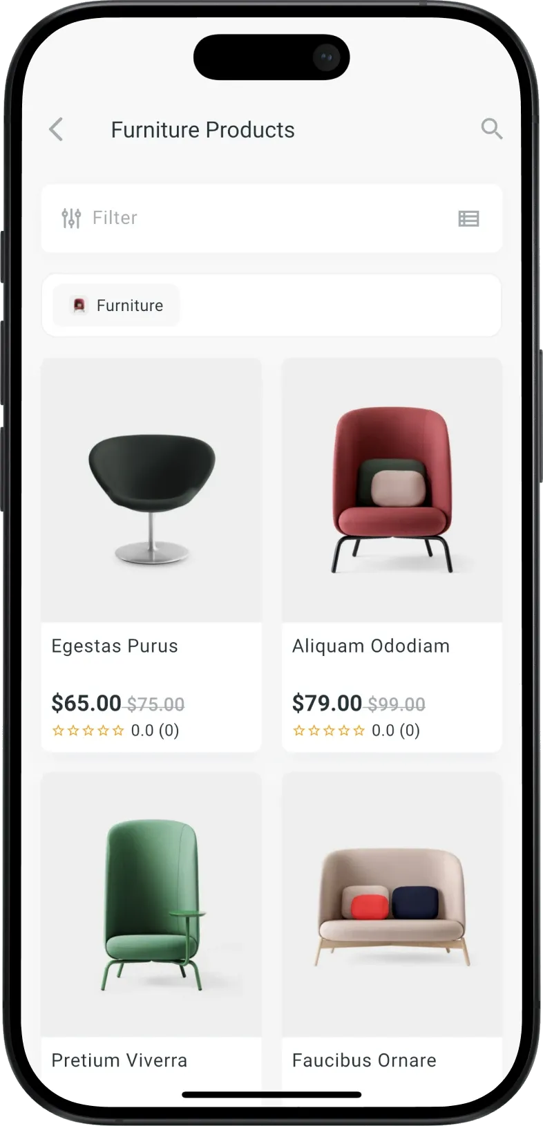 A filtered furniture listing with prices and ratings