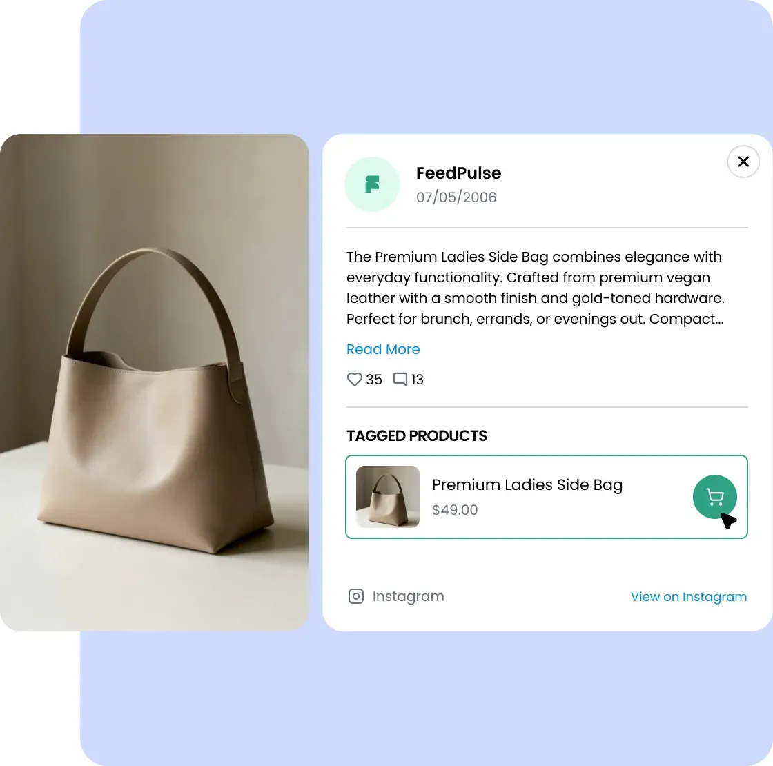 A shoppable Instagram post opened beside its tagged product, with an add-to-cart button