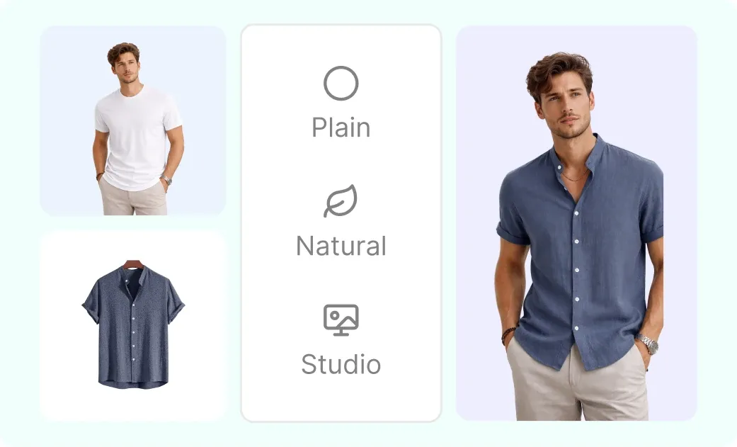 A product photo beside plain, natural and studio background presets, and the generated result