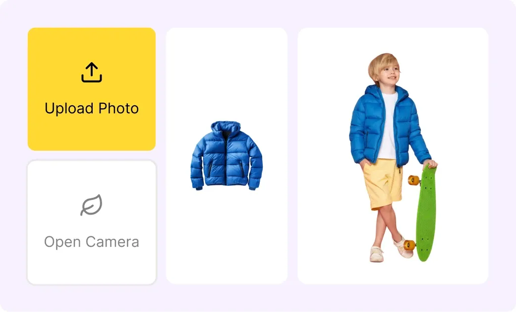 Upload photo and open camera controls beside a jacket and the model wearing it