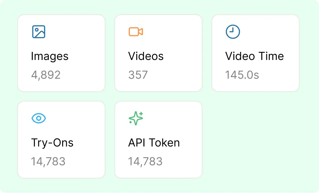 Usage counters for images, videos, video time, try-ons and API tokens