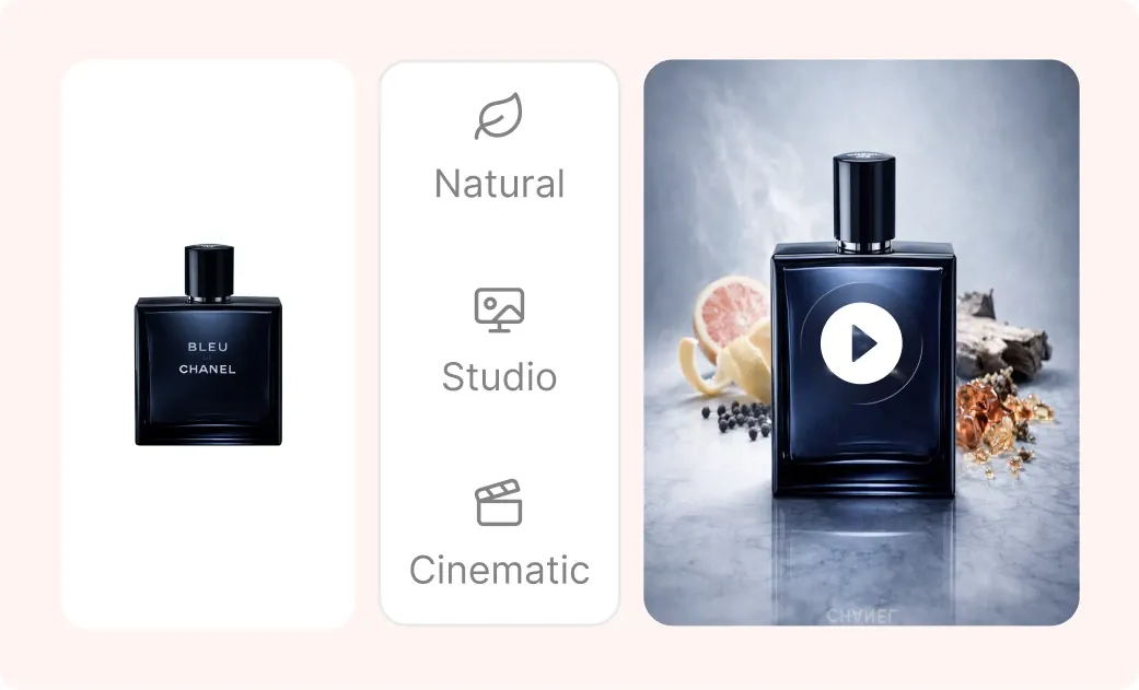 A perfume bottle beside natural, studio and cinematic presets, and the generated video