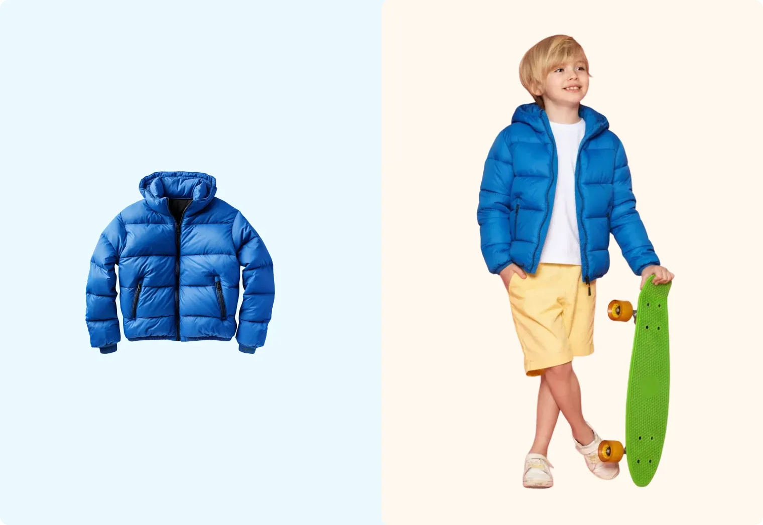 A puffer jacket photographed flat, and a child wearing the same jacket