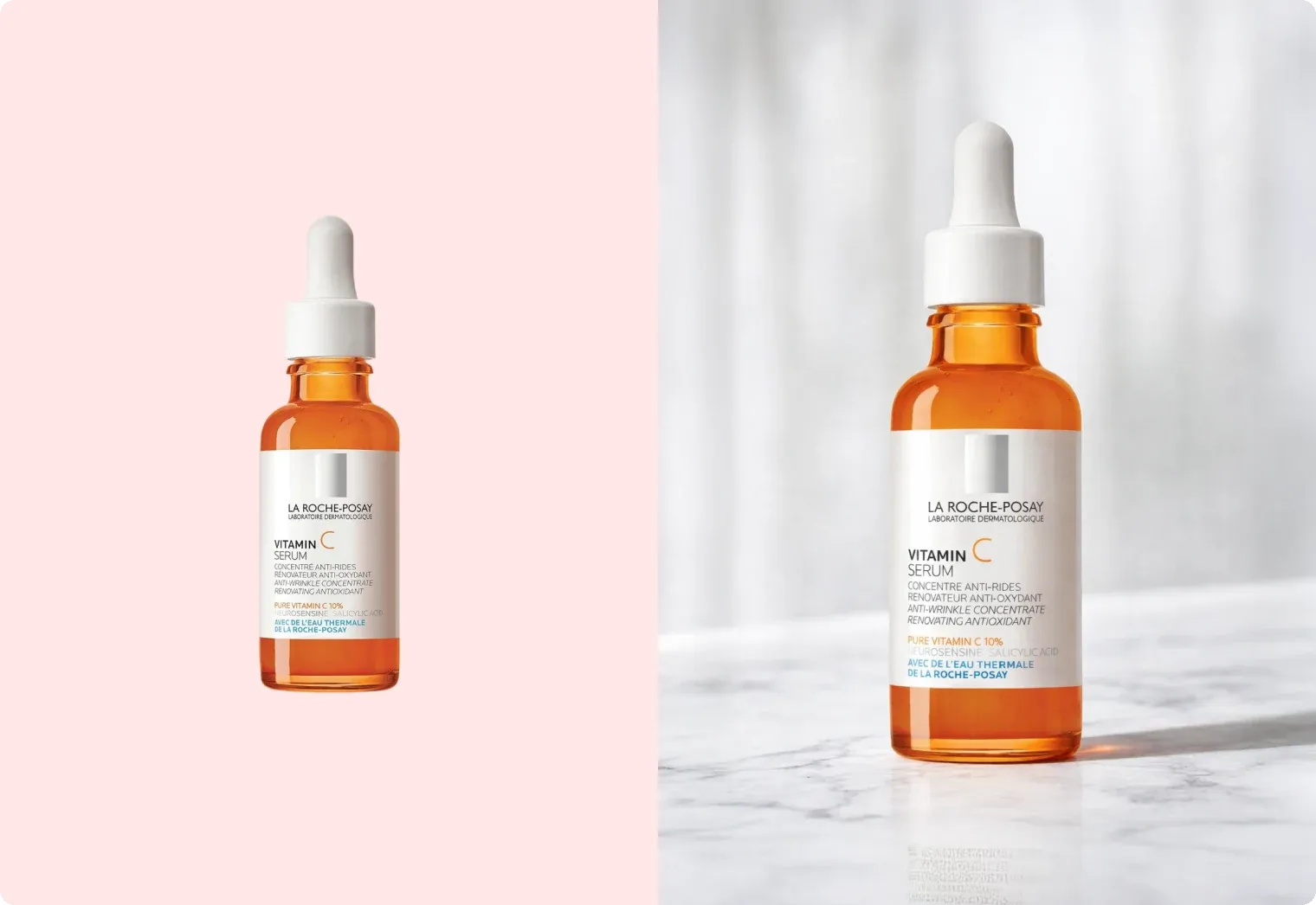 A serum bottle on a plain backdrop, and the same bottle staged on marble