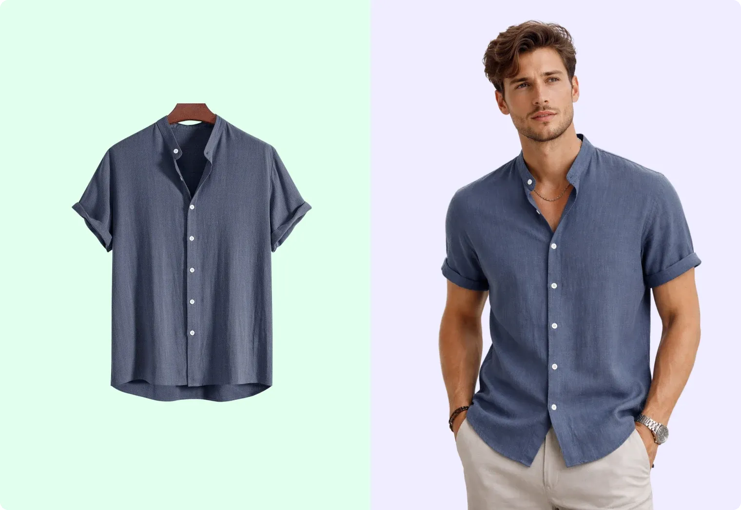 A shirt photographed flat, and the same shirt generated onto a model