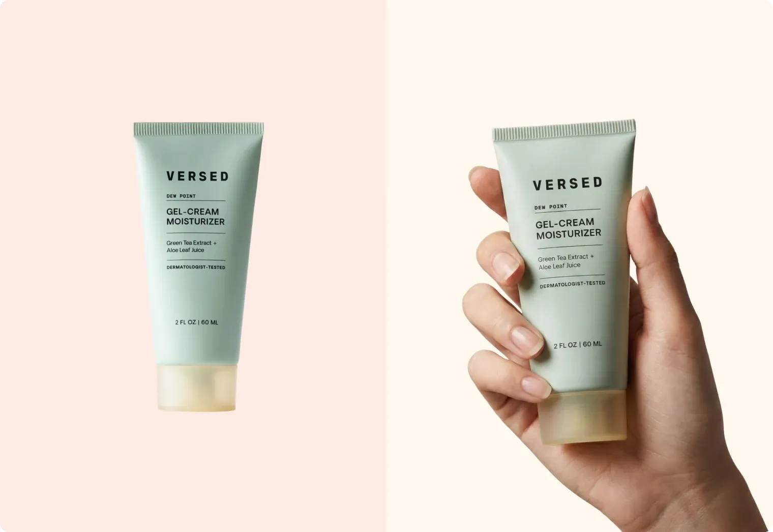A skincare tube on its own, and the same tube held in a hand