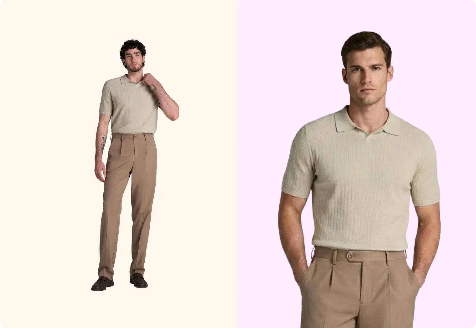 The same polo shirt and trousers shown on two different models