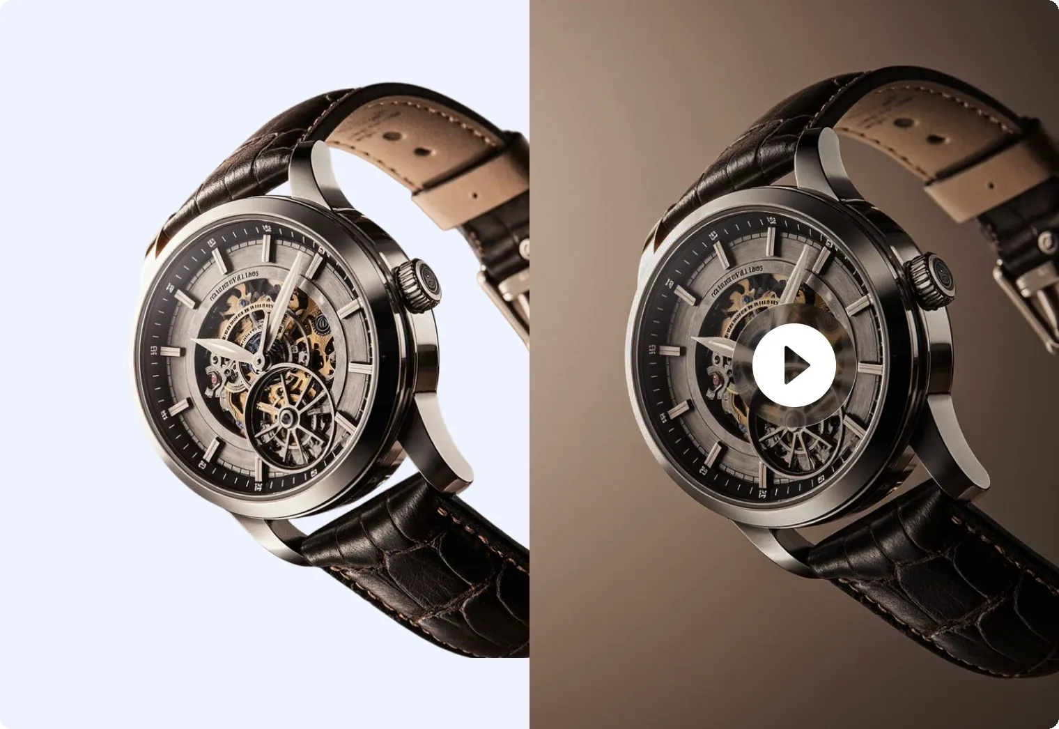 A watch photographed against white, and the same watch as a playable video