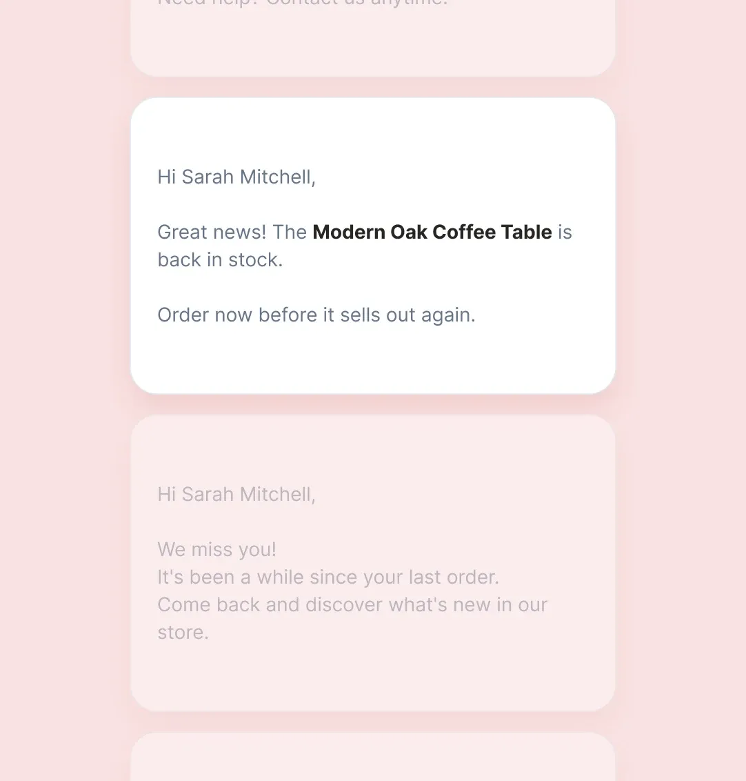 A stream of automated follow-up messages for back-in-stock and win-back campaigns