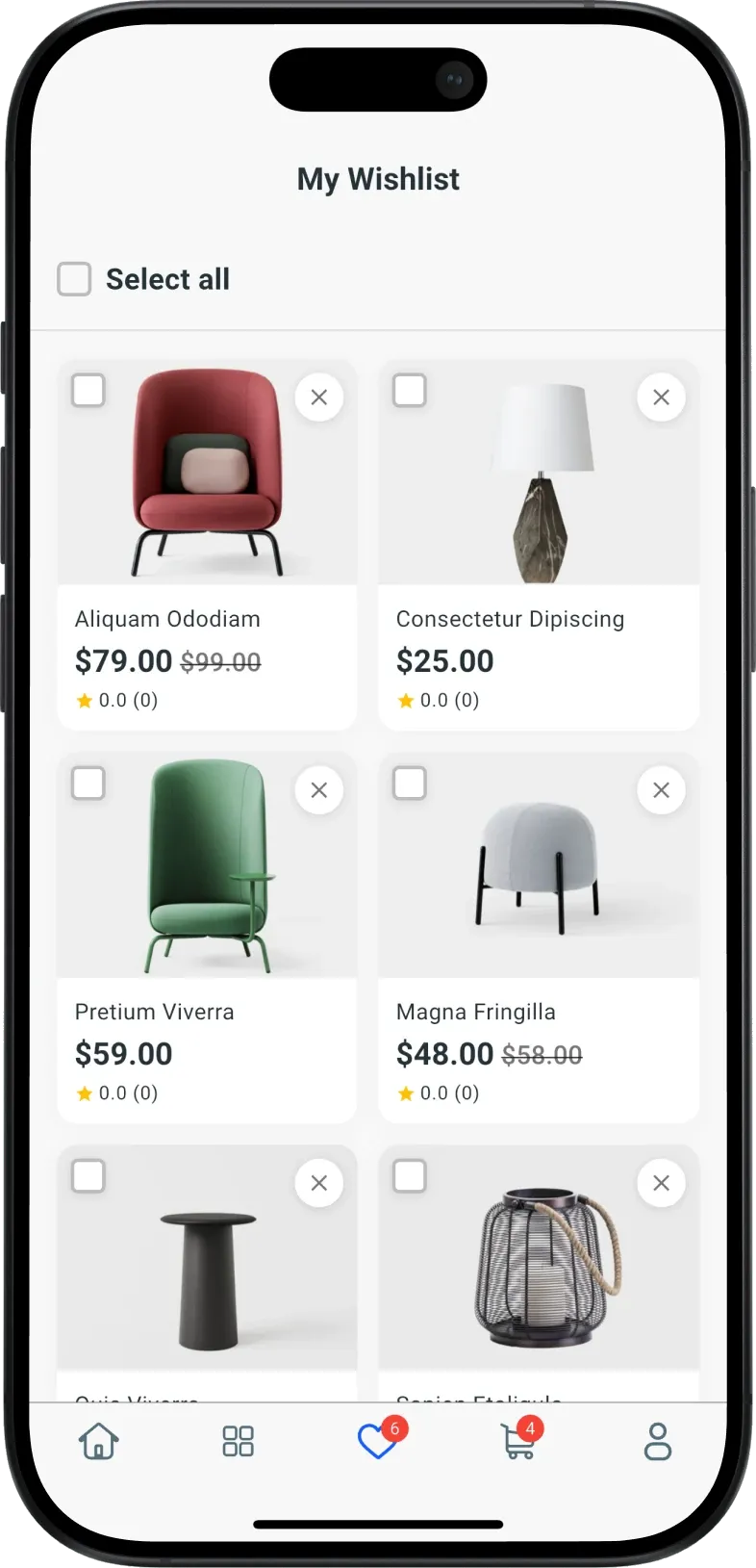 The wishlist, with saved products ready to move into the cart
