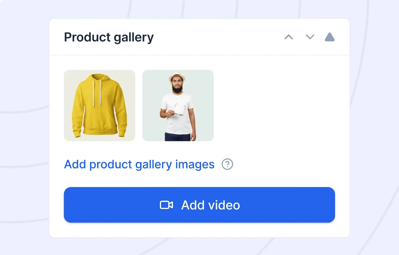 The WordPress product gallery panel with an Add video button