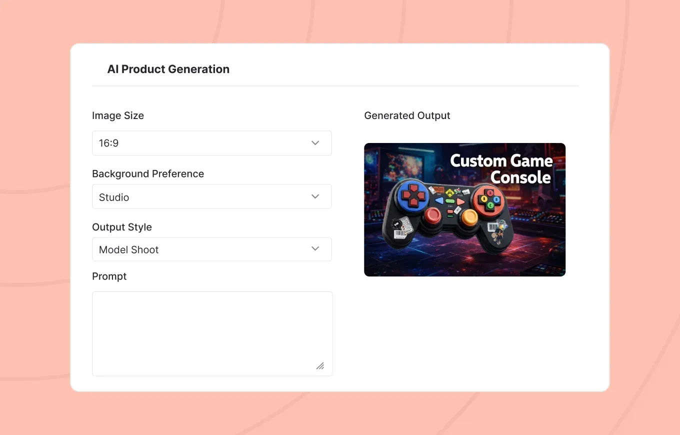 The AI Product Generation panel set to 16:9, with the generated blog banner beside it