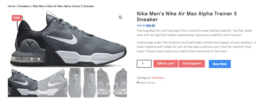 A Generic WooCommerce Product Page showing a Sneaker 