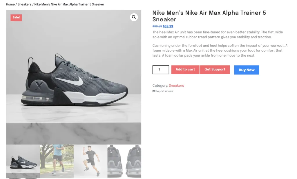 Upgraded WooCommerce Product Page showing a Sneaker with TryAura Image generation