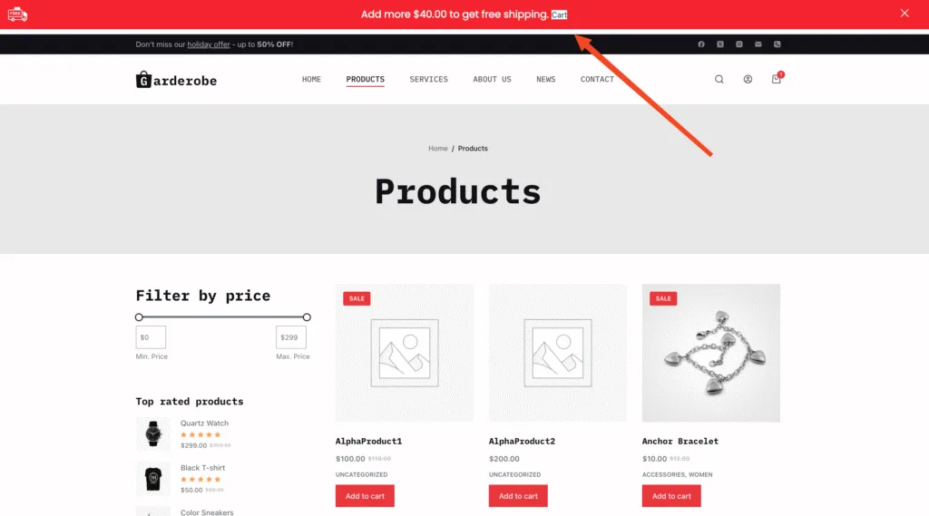 This image highlights the FREE Shipping bar in the StoreFront