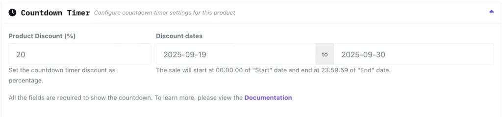 This image highlights the Countdown Timer Settings in Dokan Vendor Dashboard Product page
